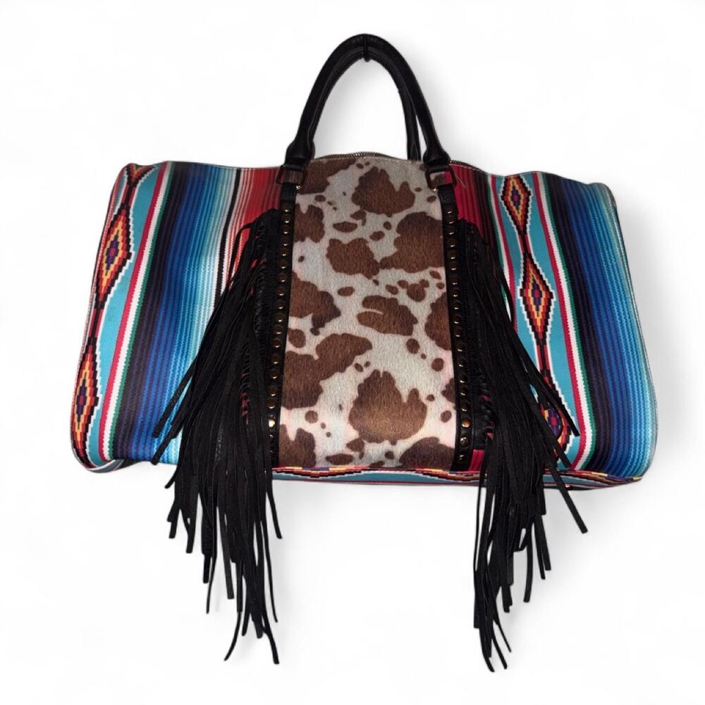 American Darling Cowhide Fringe & Southwestern Serape Travel Duffle Weekender